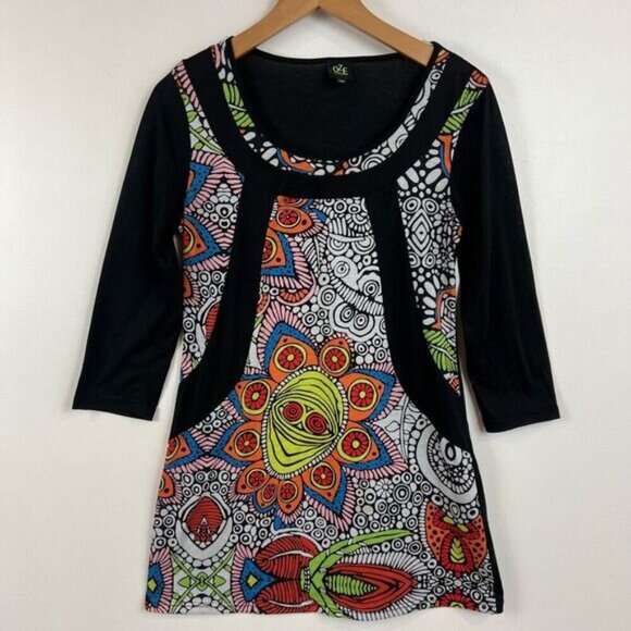Oze Women’s Medium Psychedelic Bohemian Art to Wear Mini 3/4 Sleeve Dress Black - Picture 14 of 14
